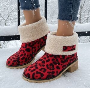 Red Leopard Print Ankle Boots with Cream Fur Lining